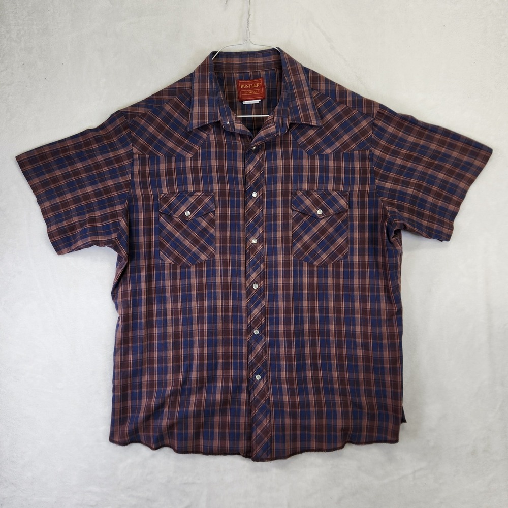 Vintage Rustler Mens XL Pearl Snap Western Shirt Plaid Short Sleeve Brown Blue